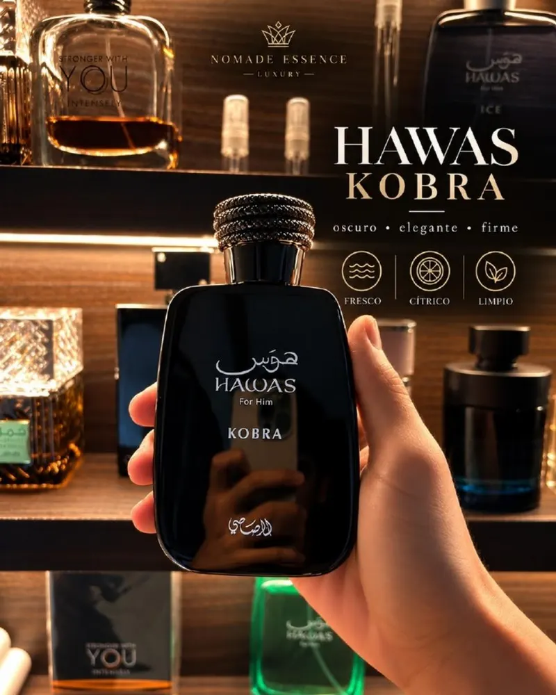 Hawas Kobra de Rasasi disponible en decant de 3, 5 y 10 ml en Ecuador