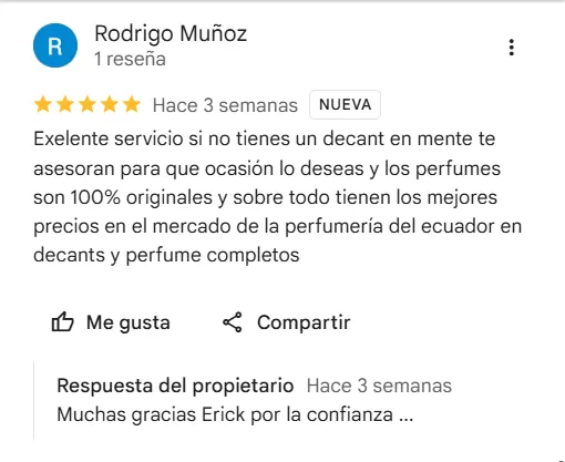 Reseña de cinco estrellas de Rodrigo Muñoz sobre el servicio, la asesoría y los perfumes de NOMADE