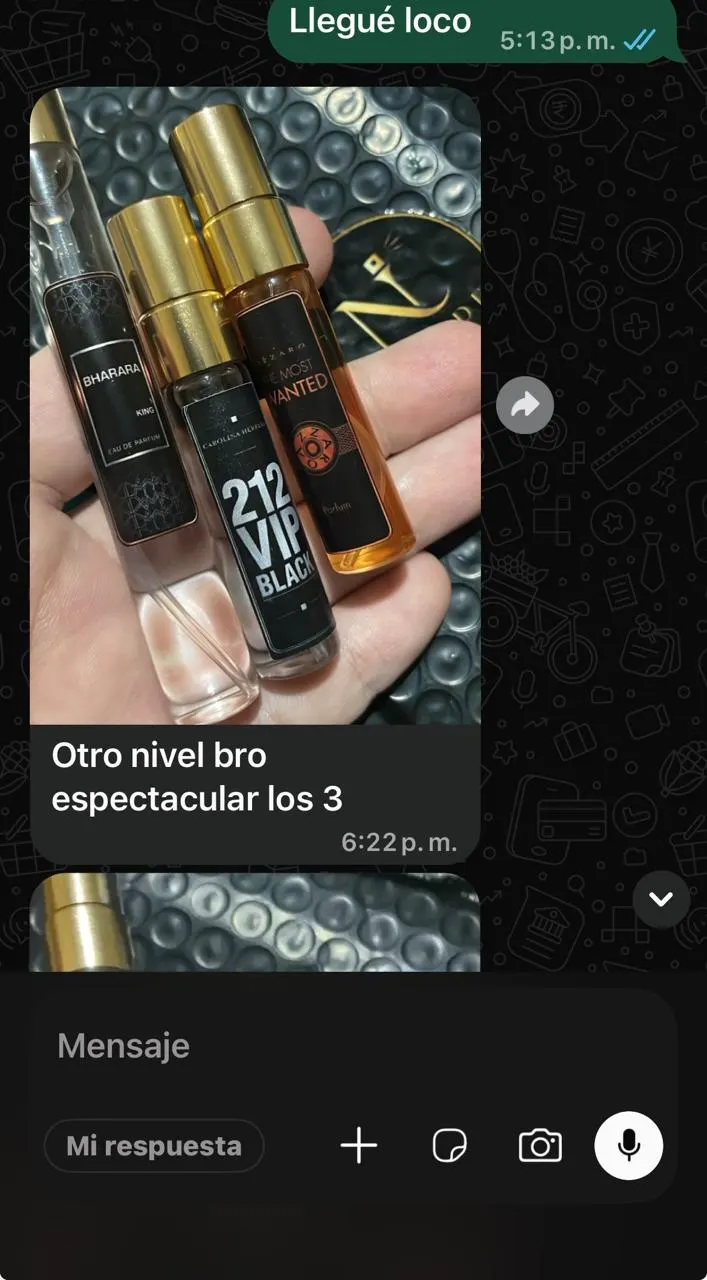 Mensaje de WhatsApp con tres decants y el comentario: Otro nivel bro espectacular los 3